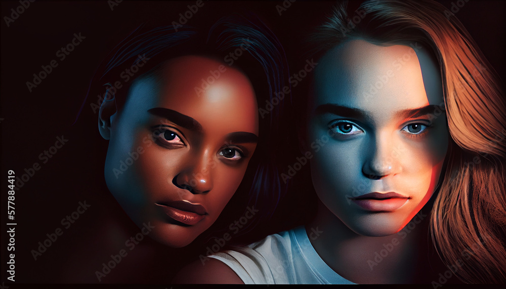 Obraz premium Lesbian, Beauty woman, Lesbian activist for lgbtq rights, rainbow flag, queers diverse people of lesbian community, by generative AI