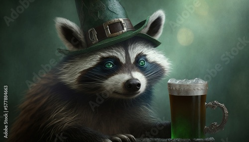 Beautiful Saint Patrick's Day Parade Celebrating Cute Creatures and Nature: Animal Raccoon Epic High Fantasy in Festive Green Attire Celebration of Irish Culture and Happiness (generative AI)