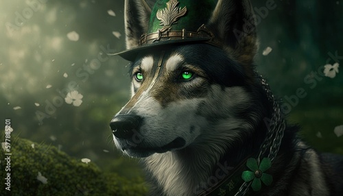 Beautiful Saint Patrick's Day Parade Celebrating Cute Creatures and Nature: Animal Wolf Cinematic in Festive Green Attire Celebration of Irish Culture and Happiness (generative AI)