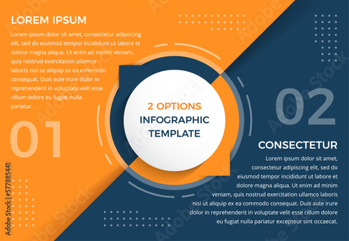 Infographic template with two steps or options, circle diagram