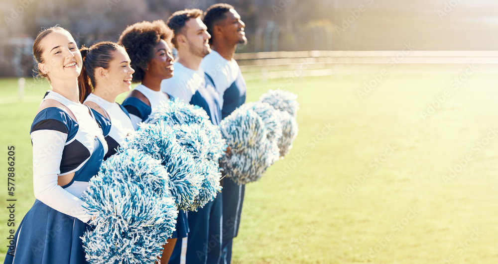 Foto de Cheerleader, stadium field or people cheerleading in huddle