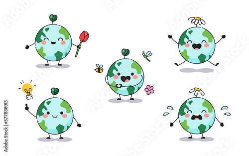 Earth hour day stickers. Cute cartoon planets earth with flowers, heart symbol, smile, tears, plants. Cute modern vector icons for stickers, posters, web banners, posts.
