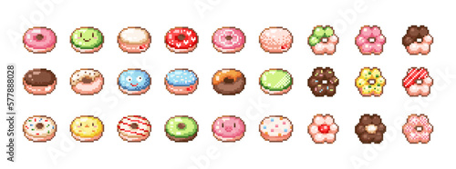 8 bit pixel donuts set. Vector retro video game collection of colorful donuts icons in 8bit gamer style. Chocolate and creamy doughnuts. Food stickers, labels, sweet shops and confectionery logos.