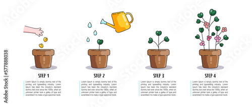 Step by step instructions on how to grow flowers and plants. 4 steps cartoon image how to grow plants yourself at home. Isolated icons with text. Vector for a blog, tutorial, article. 