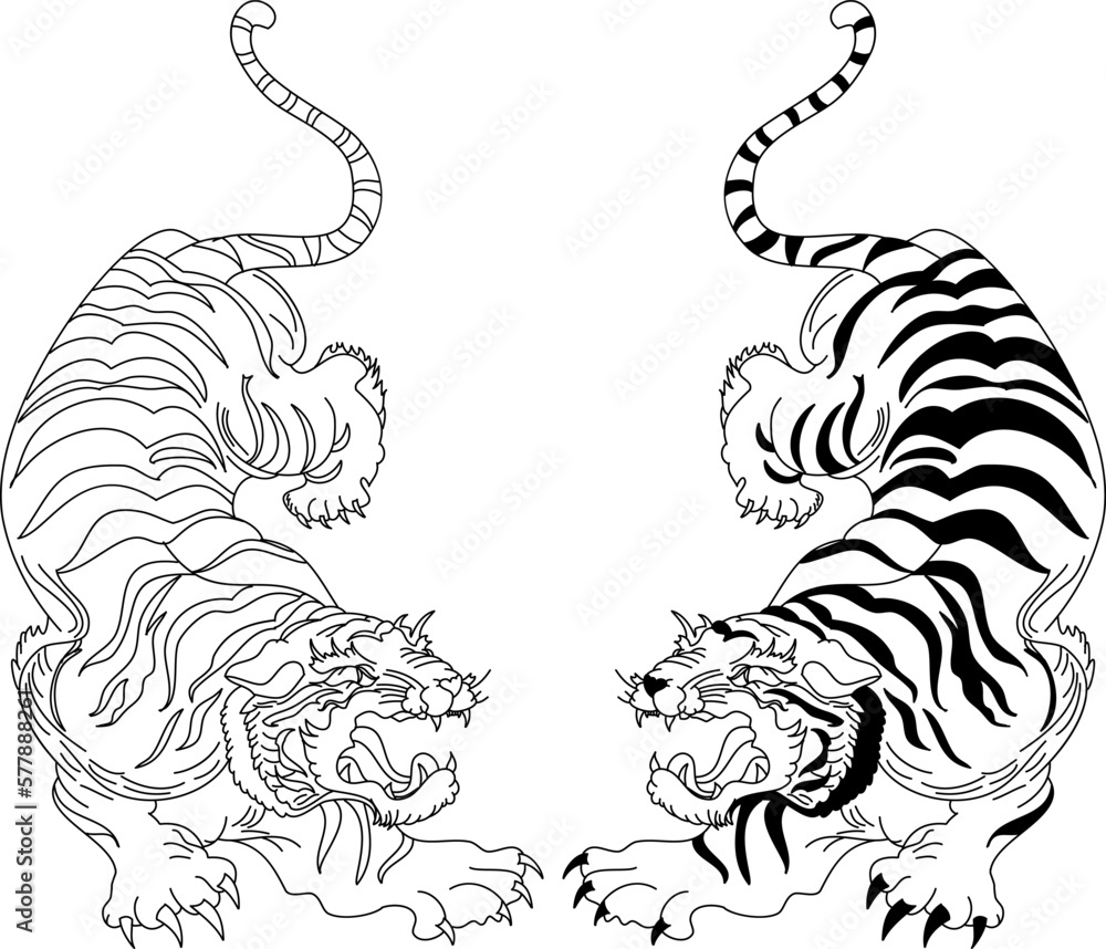 Japanese tiger Sticker tattoo design,Cartoon tiger on black background.Vector.Traditional Japanese culture for printing on background.Tiger vector for coloring book on background.