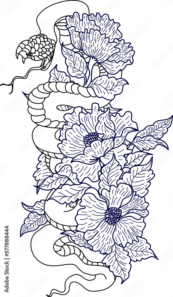 snake cobra tattoo.Hand drawn Chinese snake with cherry blossom and cloud vector background.tropical snake vector isolate on white background.Traditional Japanese culture for printing on background.