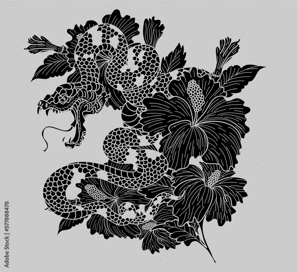 Asian Snake Pattern snake cobra tattoo.Hand drawn Chinese snake with cherry blossom and ...