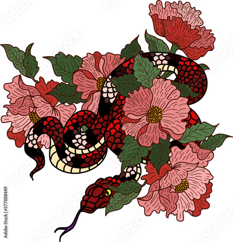 snake cobra tattoo.Hand drawn Chinese snake with cherry blossom and cloud vector background.tropical snake vector isolate on white background.Traditional Japanese culture for printing on background. photo