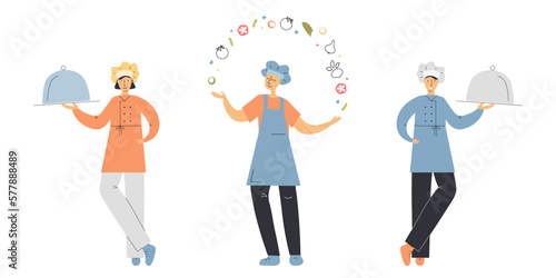 Set of master chef cooks and tastes food