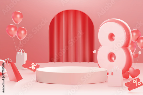 Women's day banner for product demonstration, Pink podium banner for online shopping or social media.