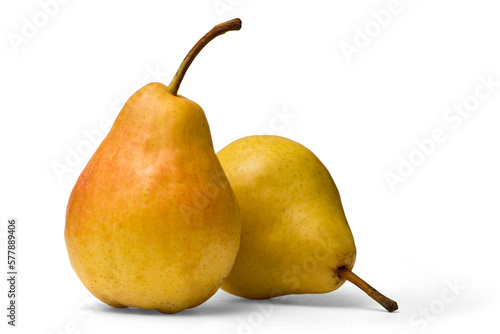 Ripe Yellow Pears Fruits with Stem Isolated on white background with transparent shadow.