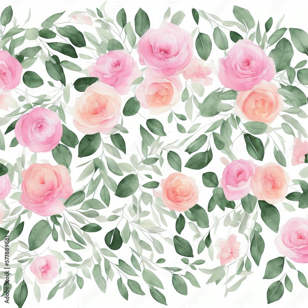 Roses and leaves pattern watercolor art