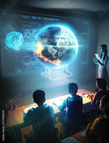 Hologram Teacher is teaching in a futuristic classroom with online digital communication, Generative AI