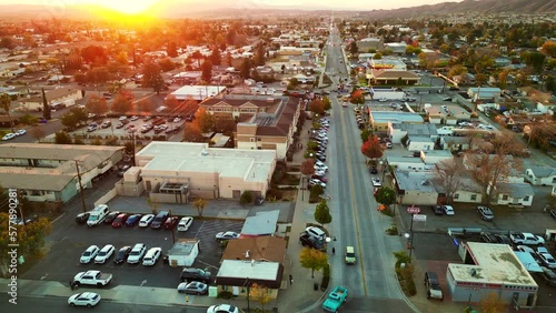 The Yucaipa, California, Winterfest as Seen from a UAV Aerial Drone showing the Community enjoying the Winter Season at Winterfest During Sunset photo