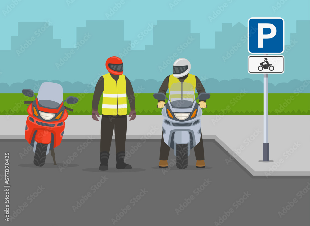 Two male moto riders talking each other on outdoor parking area. Two male moto riders talking each other on outdoor parking area.