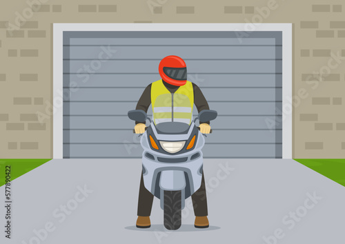 Front view of a male biker leaving the garage. Motorcyclist stands in front of the parking gate. Flat vector illustration template.
