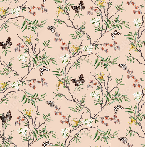 Canvas Print Seamless botanical flowers, butterfly pattern, floral print.