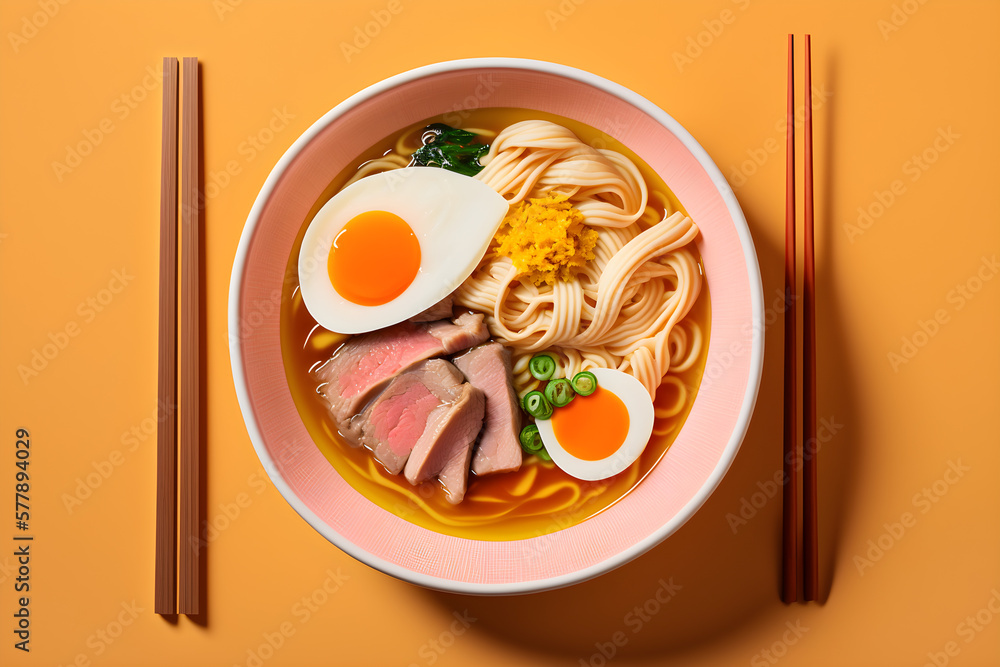 tasty japanese noodle soup ramen in white ceramic bowl with meat broth