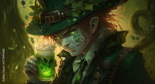 St.Patrick's Day celebration flat anime style background. Leprechaun man in green hat with green beer Generative ai