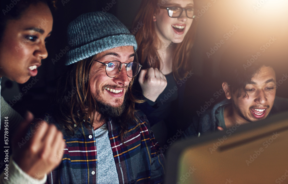 Fototapeta premium Computer, cheers and night team celebrate programming ERP software, cybersecurity success or code completion. Collaboration, ai developer or happy programmer done with coding cloud computing database