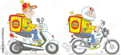 Funny boy courier riding a motorbike and a scooter with a large backpack and delivering ordered goods to waiting customers, vector cartoon illustration isolated on a white background