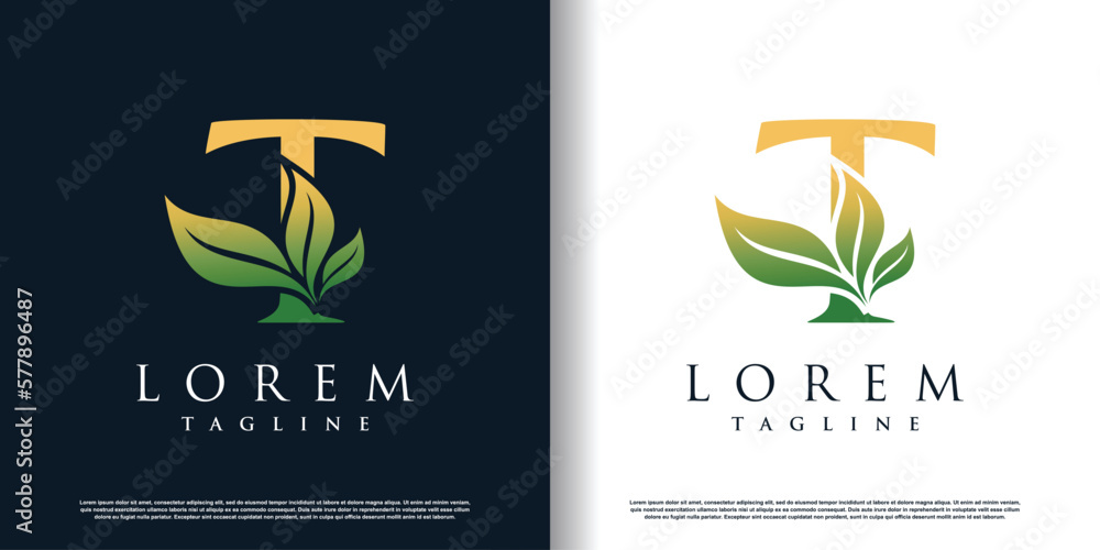 initial t logo design template with leaf icon and creative concept premium vector initial t logo design template with leaf icon and creative concept premium vector
