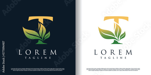 initial t logo design template with leaf icon and creative concept premium vector