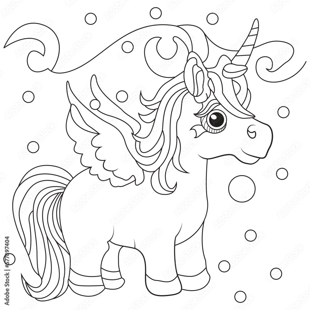 Unicorn vector coloring pages with black, white and colorful.