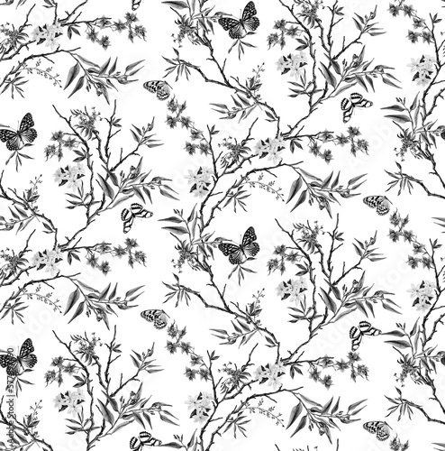 Seamless botanical flowers, butterfly pattern, floral print. © Ama