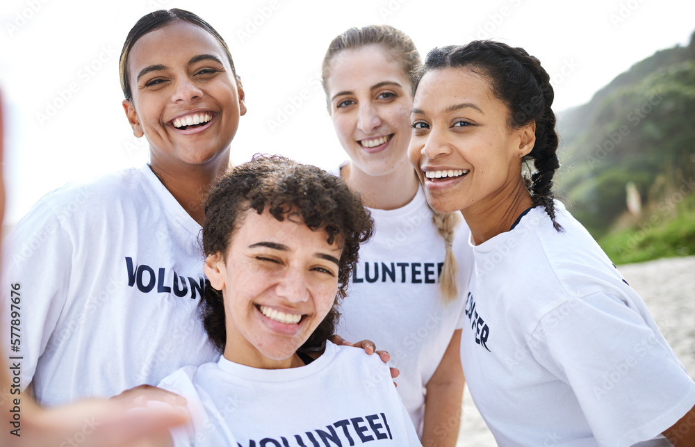 Portrait, selfie and volunteer women at beach taking pictures for earth day, environmental sustainability or recycling. Charity, community service and group smile of happy girls or friends laughing.