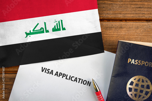  Visa application form, passport and flag of Iraq