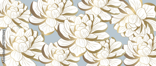 Vector luxury background with golden peonies for decor, covers, backgrounds, wallpapers