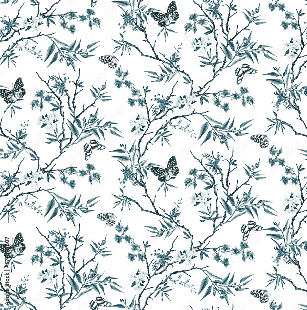 Seamless botanical flowers, butterfly pattern, floral print.