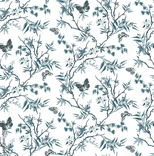 Seamless botanical flowers, butterfly pattern, floral print. © Ama