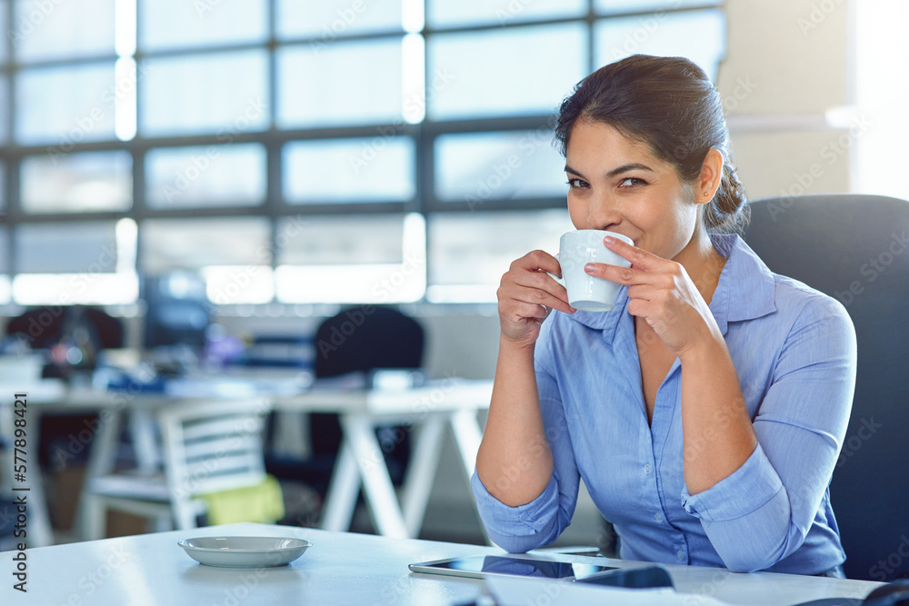 Portrait, business and woman drinking coffee, success and advertising agency with girl in workplace. Face, female manager and leader with tea, skills and confidence with joy, development and office Portrait, business and woman drinking coffee, success and advertising agency with girl in workplace. Face, female manager and leader with tea, skills and confidence with joy, development and office