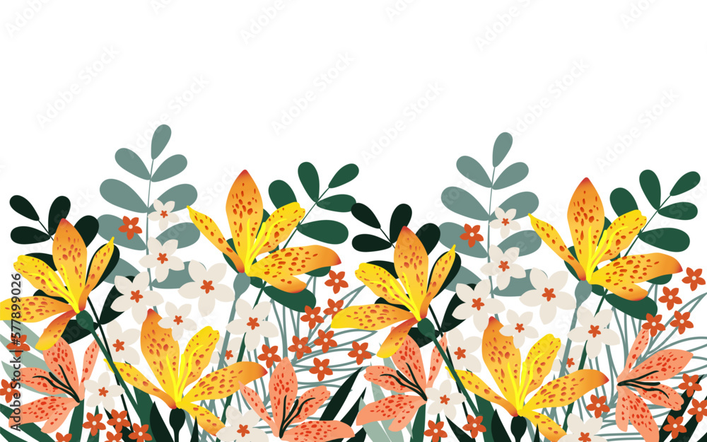 Different beautiful spring flowers on a white horizontal background with copy space. Template for a festive March postcard. Vector.