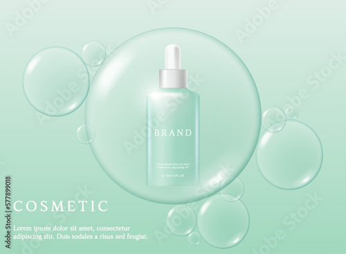 Green cosmetic 3d background with drop of liquid bubble floating.