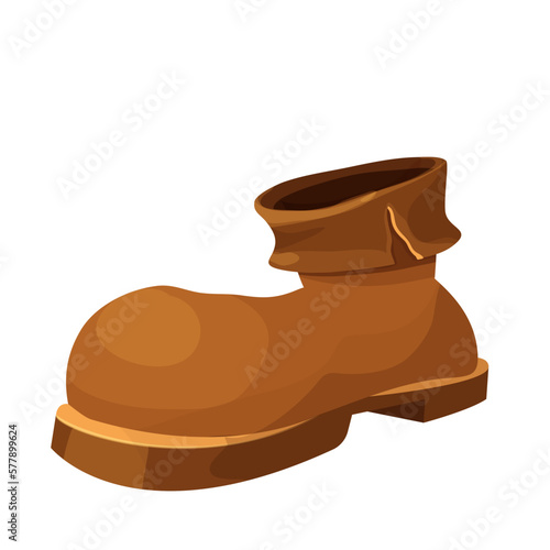 Brown leather walking boot one in cartoon style isolated on white background. Icon, comic Game element