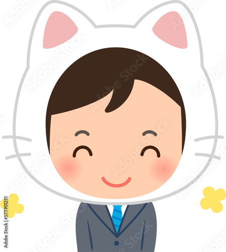 猫をかぶったスーツの男性