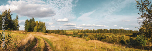 Autumn panoramic landscape with rural road and trees at sunset