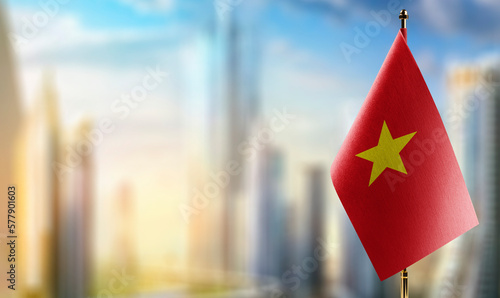 Small flags of the Vietnam on an abstract blurry background