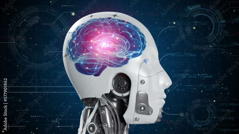 Robot head with glowing brain on future virtual background. AI ...