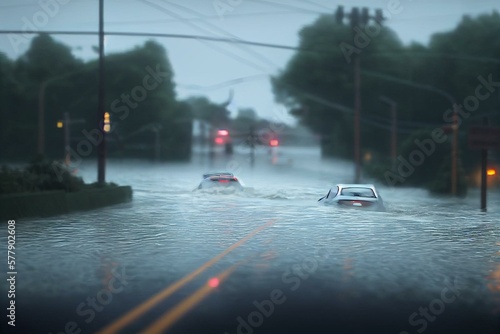 Fototapet Driving on a flood theme with cars on a road full of water, generative AI