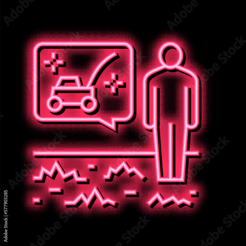 gardener dreaming for lawn mower neon glow icon illustration