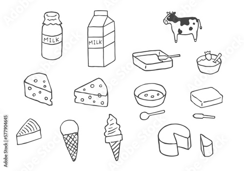 牛乳・乳製品の手描きイラストセット（モノクロ）