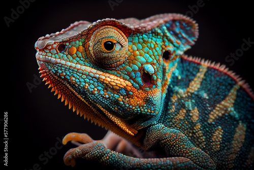 Close up of a chameleon with a black background. Generative AI, Generative, AI