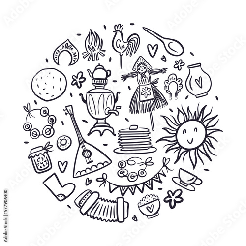 Round illustration with elements of the Maslenitsa holiday, hand-drawn in the style of a doodle