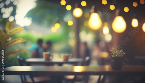 Blurred background - coffee shop in garden blur background with bokeh. Generative ai