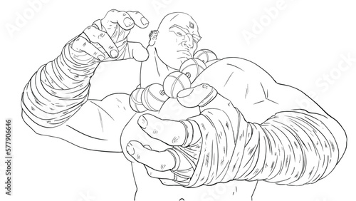 A brutal muscular man in bandages on his hands with huge stone beads on his thick neck stands concentrating energy in bear fingers. 2d anime art coloring book