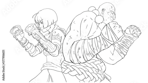 Two fighters, cute girl in brass knuckles and a giant brutal man in bandages, they are comrades in arms standing back to back preparing to fight and cover each other. 2d anime linear art coloring book